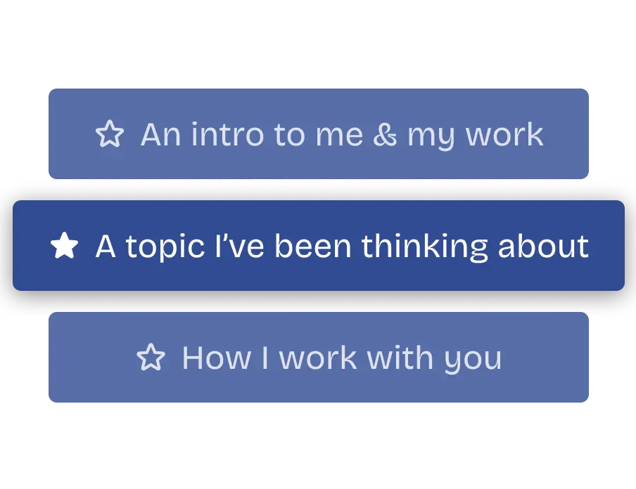 A list of interview topics: why I love this work, what makes me different, how I work with you.