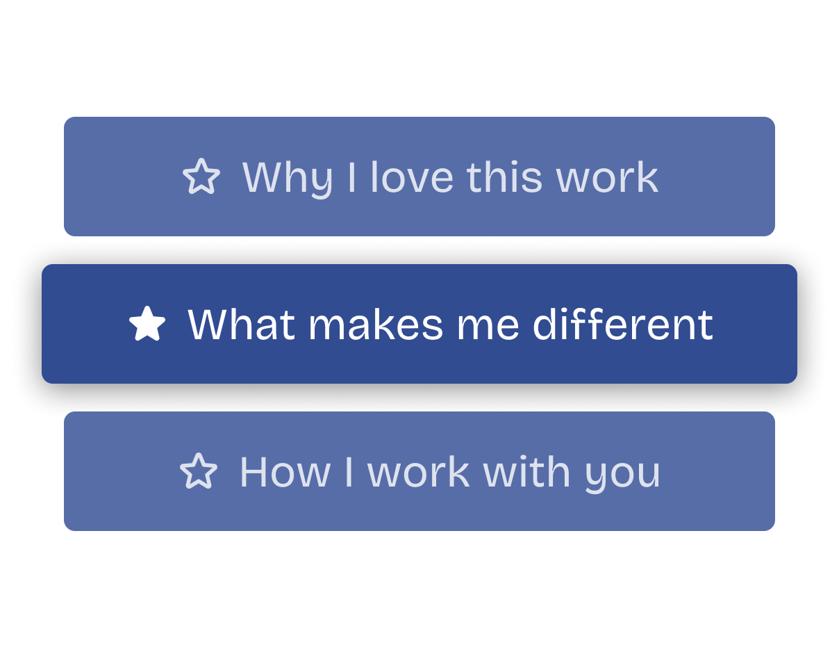 A list of interview topics: why I love this work, what makes me different, how I work with you.