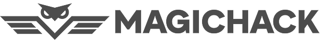 MagicHACK logo featuring a stylized owl head with wings to the left of the word MAGICHACK in bold uppercase letters.