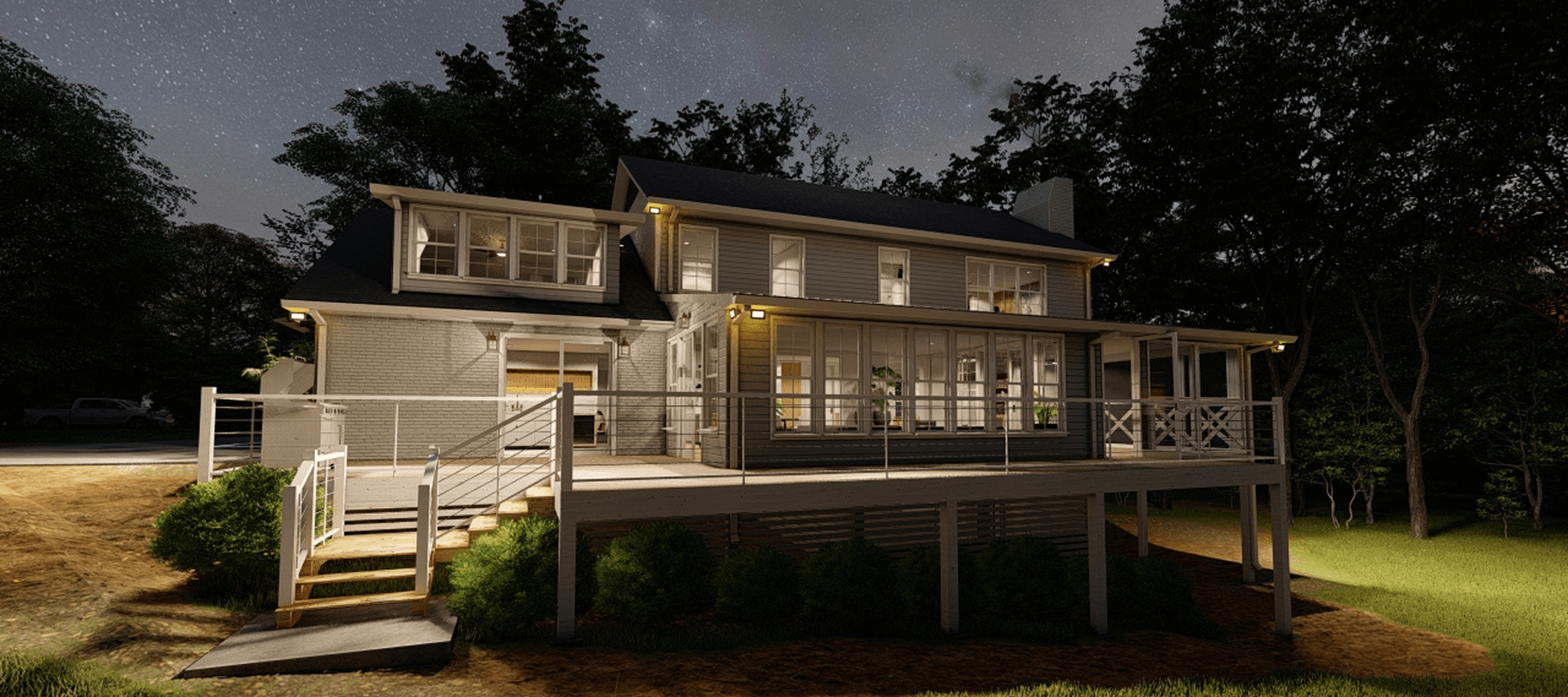 Modern two-story house with large windows, illuminated at night under a starry sky, surrounded by trees and a raised wooden deck with railing.