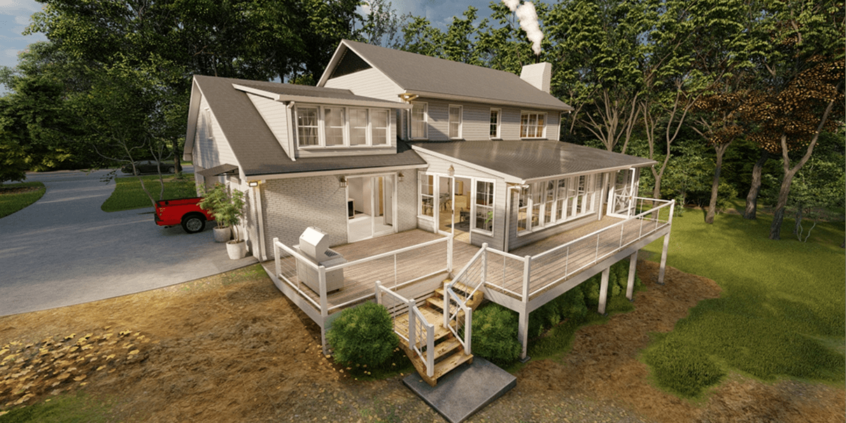 Two-story house with a large wraparound deck, surrounded by trees, a red truck parked on a driveway, and smoke coming from the chimney.