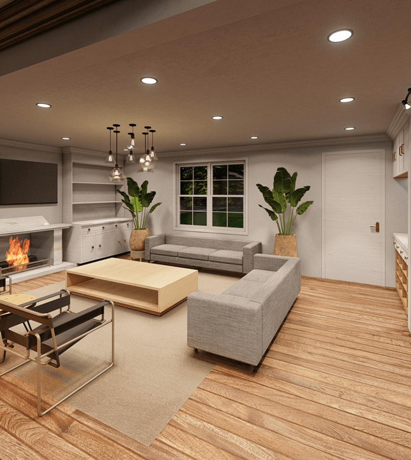 Modern living room with wooden floor, two gray sofas, two black chairs, a light wood coffee table, a fireplace, large potted plants, and recessed ceiling lights.