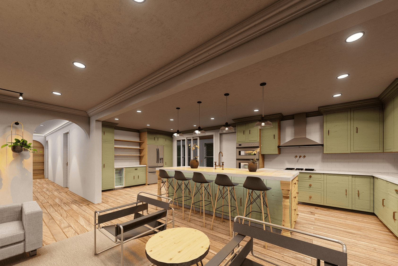 Spacious kitchen with green cabinets, a large island with six bar stools, pendant lights, and a wood floor extending to an adjacent seating area.