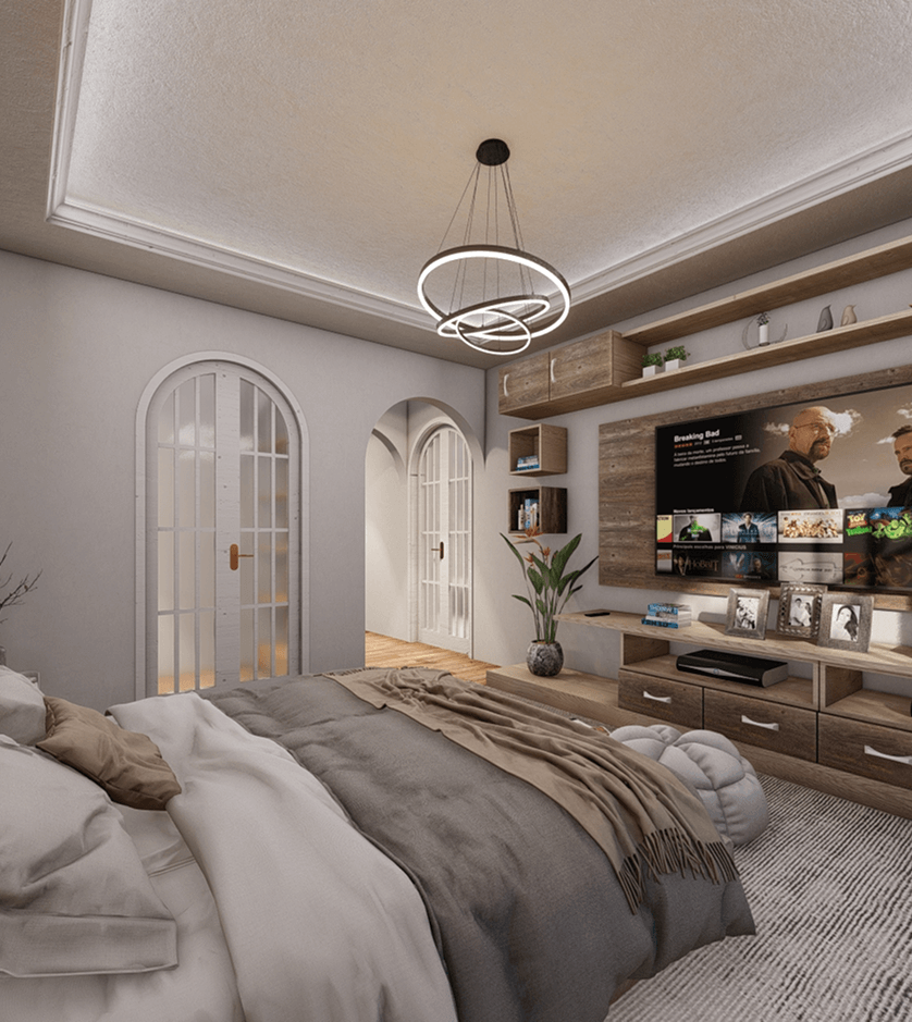 Modern bedroom with a large bed covered in neutral blankets, illuminated circular ceiling light, wooden entertainment unit with TV showing Breaking Bad, and arched glass doors.