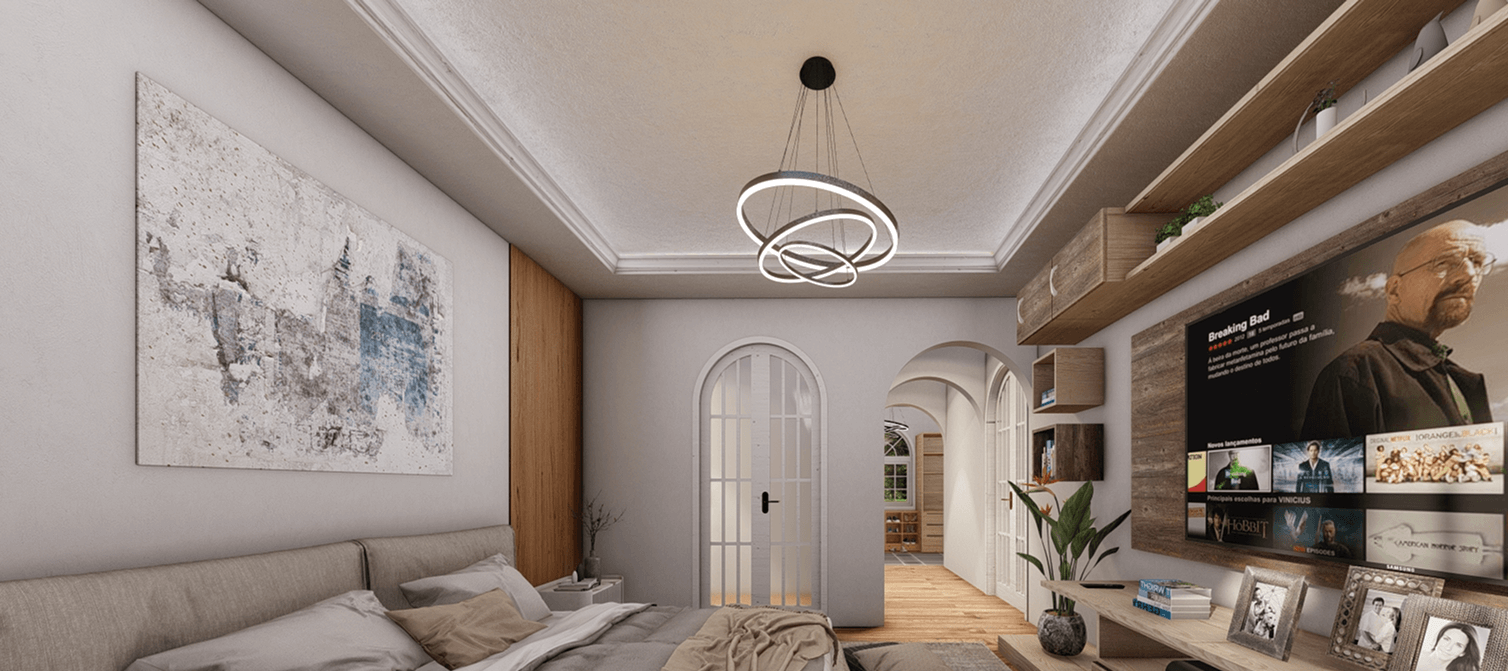 Modern bedroom with a beige upholstered bed, abstract wall art, circular ceiling light, arched glass door, and a wall-mounted TV displaying Breaking Bad.