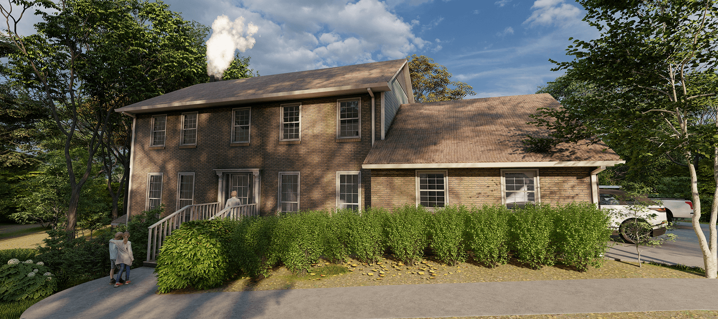 Two children stand near bushes in front of a two-story brick house with a woman approaching the front door, under a partly cloudy sky.