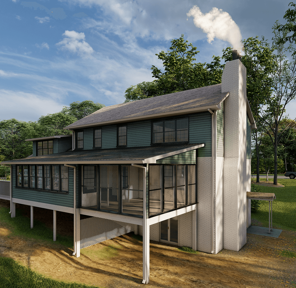 Two-story house with green siding and a large white brick chimney emitting smoke, surrounded by trees under a partly cloudy sky.
