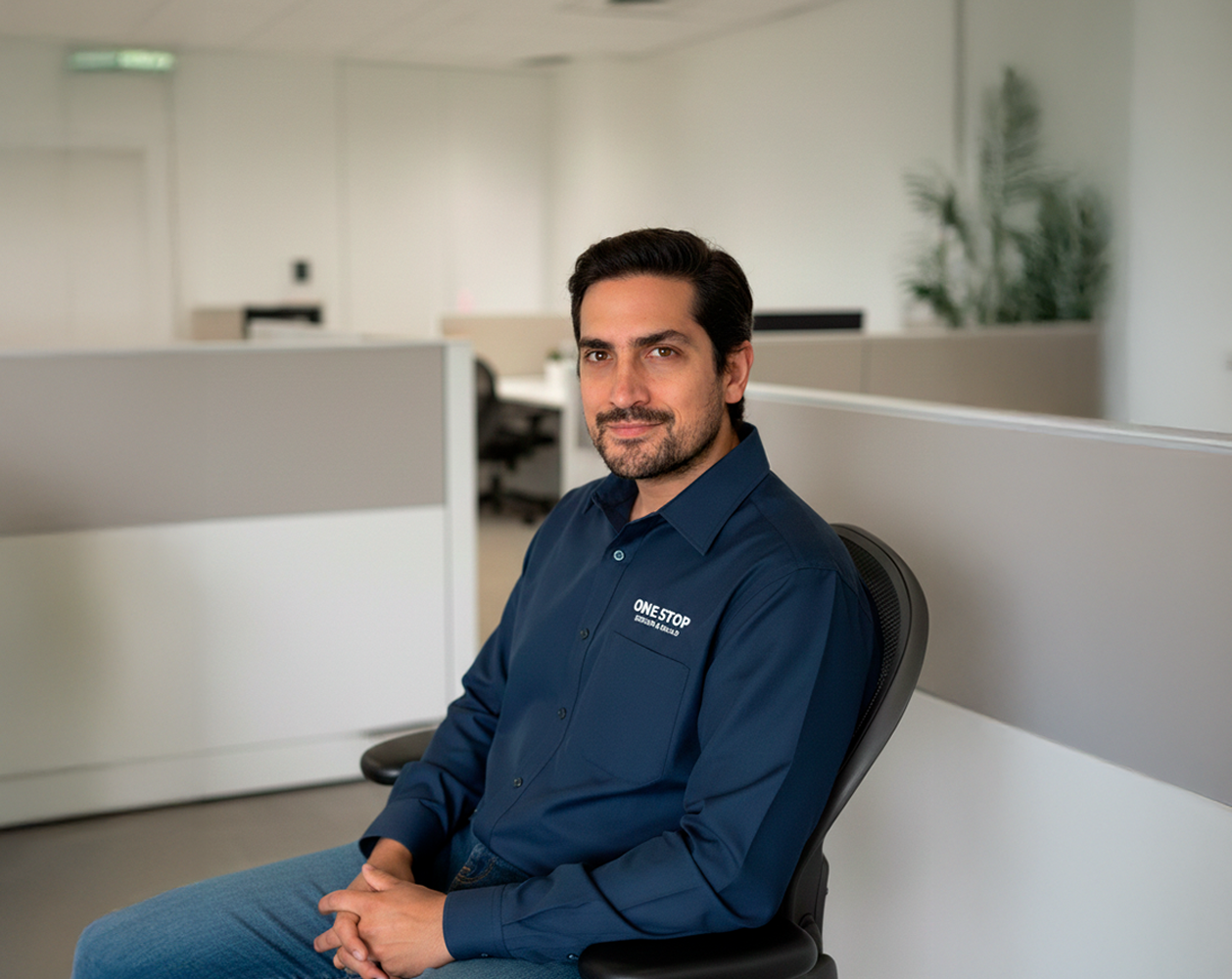 Detailed pencil sketch portrait of a smiling man with short hair and beard wearing a t-shirt with a small logo on the chest.