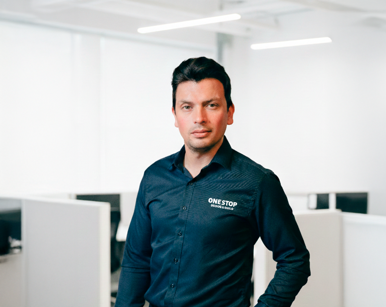 Man wearing a dark blue shirt with a One Stop Shop logo standing indoors with blurred background.