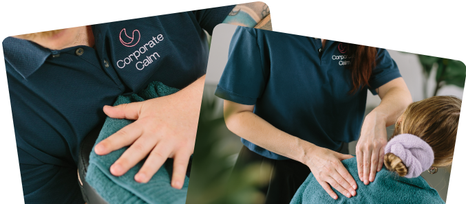 Corporate Calm workplace massage — therapist delivering on-site chair massage