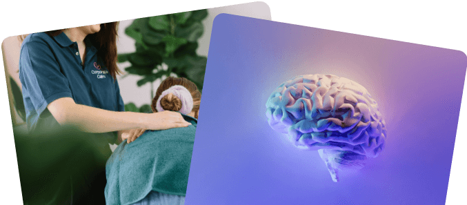 Corporate Calm therapist delivering workplace massage alongside brain science illustration
