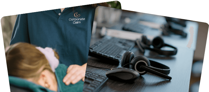 Corporate Calm therapist delivering workplace massage alongside call centre headsets on a desk