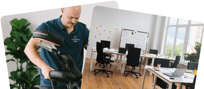 Corporate Calm therapist setting up massage chair alongside an empty office ready for sessions