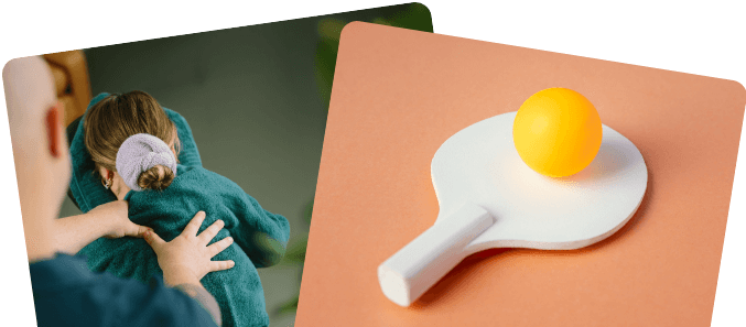 Corporate Calm therapist delivering workplace massage contrasted with an unused ping pong paddle