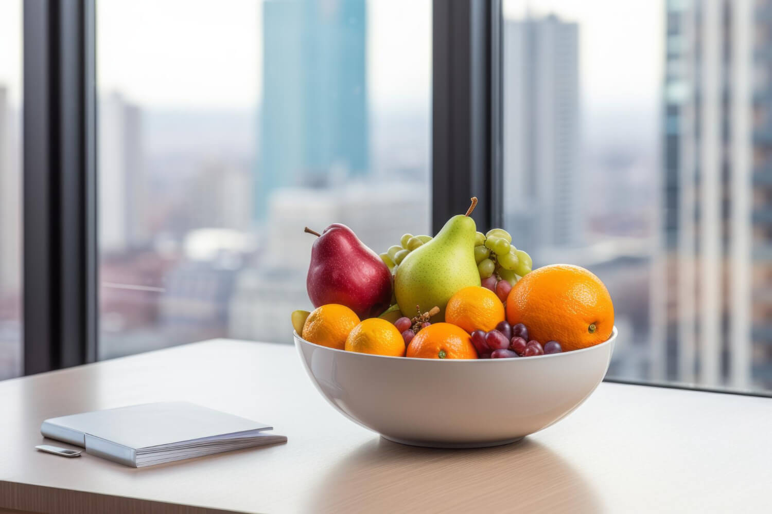 Fresh fruit bowl sitting on an office desk next to a window in a corporate setting