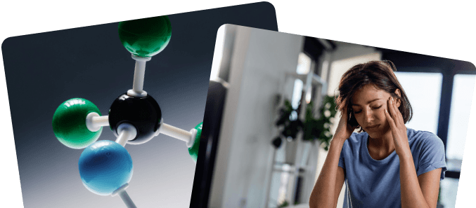 Molecular structure alongside a stressed employee showing the science of cortisol and workplace massage