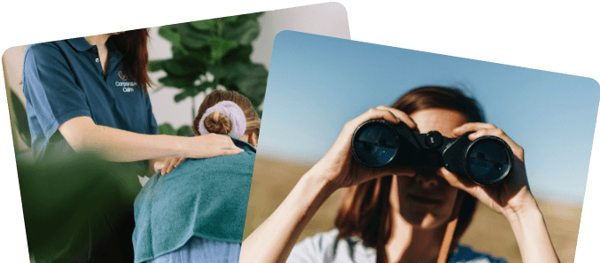 Corporate Calm therapist working on an employee alongside someone observing through binoculars