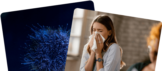 3D graphic of a virus overlaid with a sick employee blowing her nose in the office