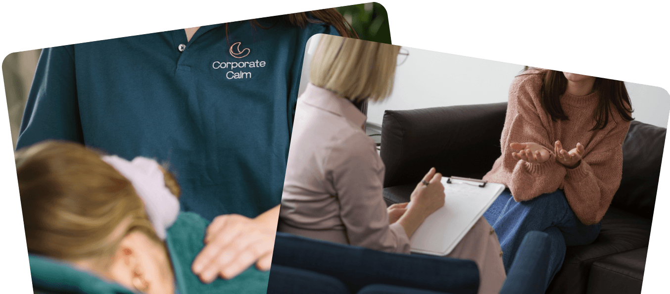 Corporate Calm workplace massage session alongside a therapy consultation illustrating two approaches to workplace anxiety