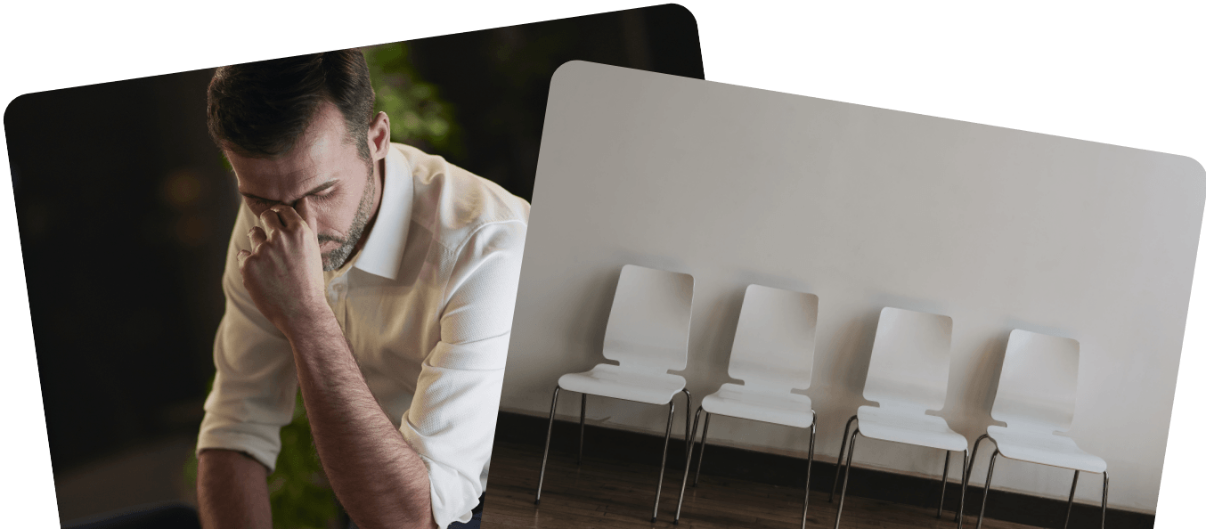 Stressed employee beside an empty waiting room representing the gap between wellness programs and the people who need them