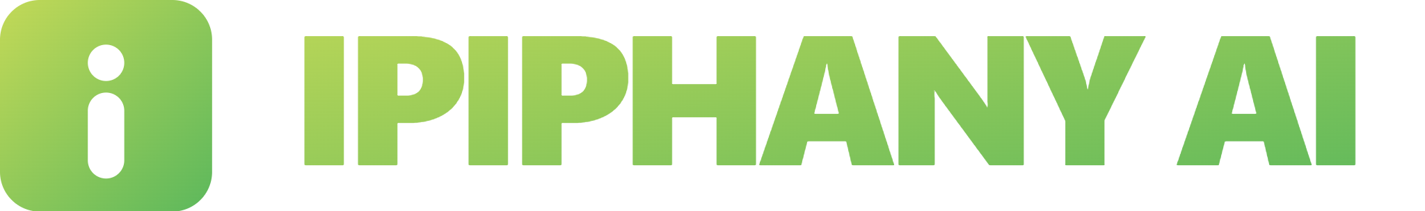 Green icon with a lowercase letter 'i' followed by the text 'IPIPHANY AI' in green gradient.