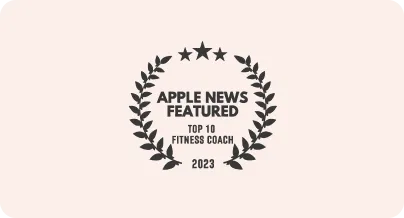 Apple News Featured badge with a laurel wreath and three stars above, reading Top 10 Fitness Coach 2023.
