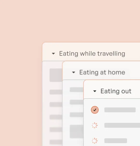 Overlapping dropdown menus labeled Eating while travelling, Eating at home, and Eating out with selection and loading indicators.