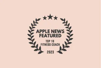 Apple News Featured Top 10 Fitness Coach 2023 badge with laurel wreath and three stars.