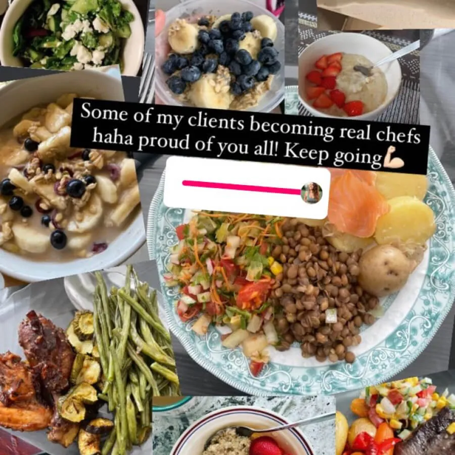 Collage of various healthy meals including salads, fruits with yogurt and nuts, cooked lentils with vegetables, grilled chicken with green beans, and oatmeal bowls with berries.