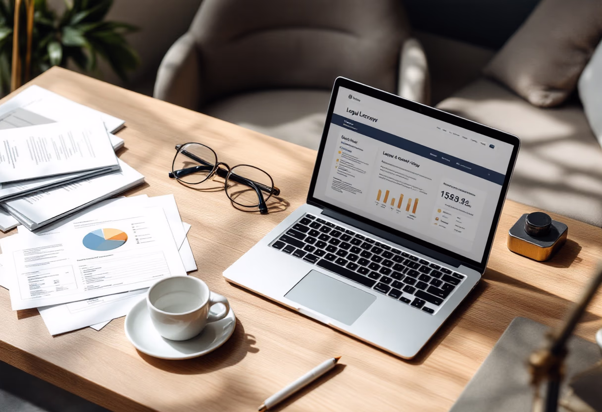 a work desk with a laptop and documents (for an ai legal tech company)