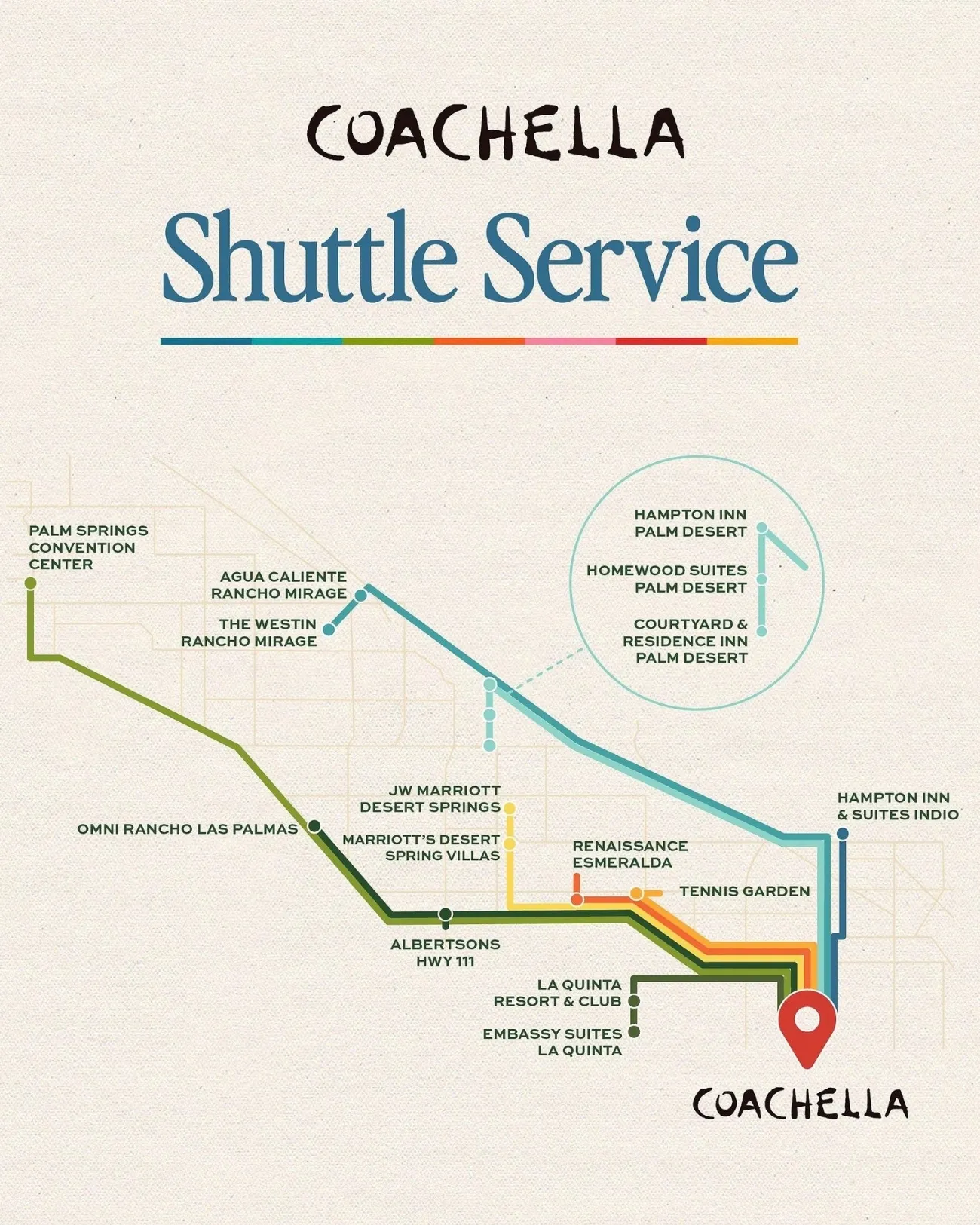 Coachella Valley shuttle map showing the distributed hotel and festival transportation network used to plan the Banila Co mobile activation. 