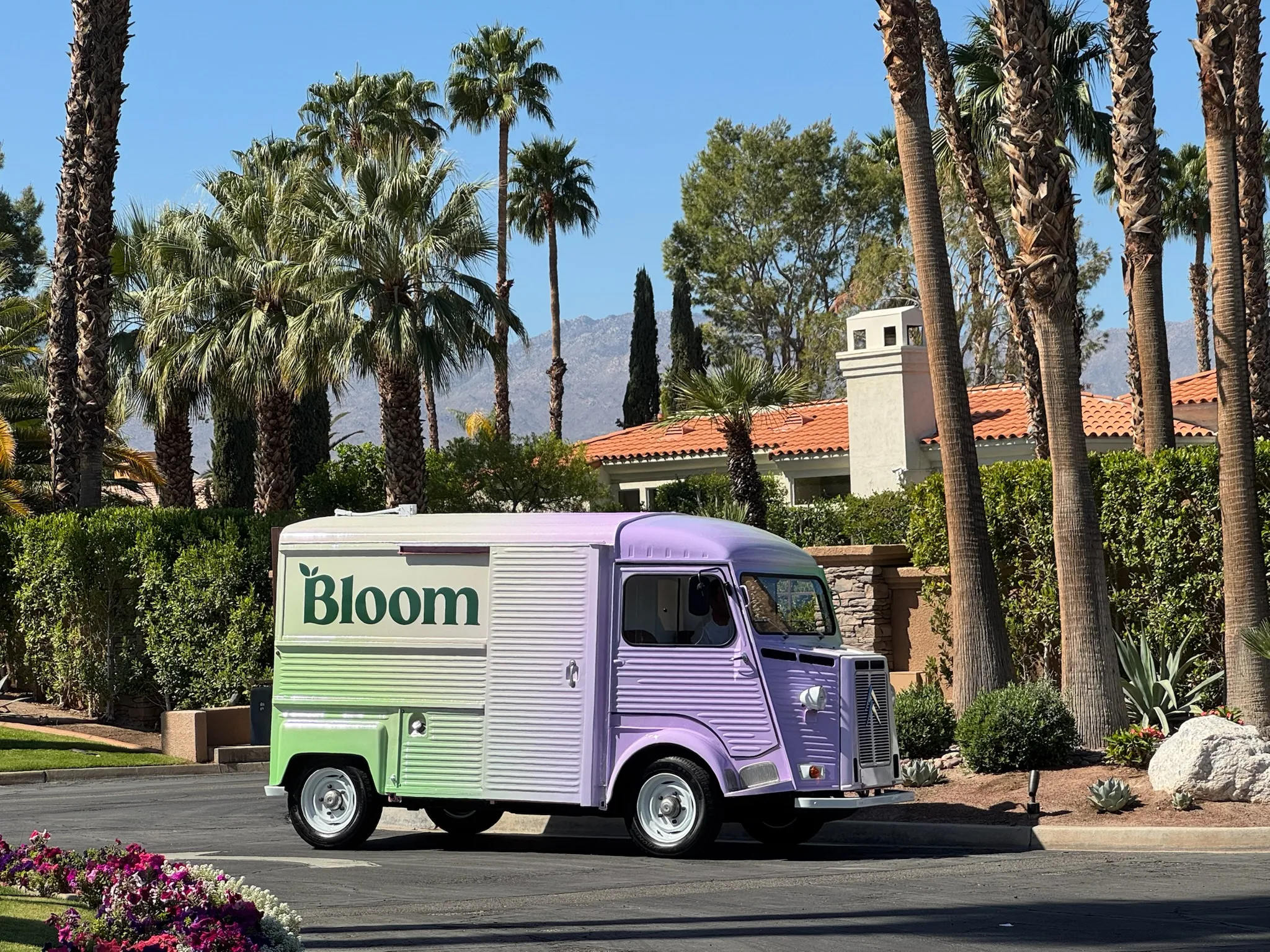 Bloom Nutrition Wellness Truck, a branded vintage Citroën HY, parked against palms and mountains in the Coachella Valley