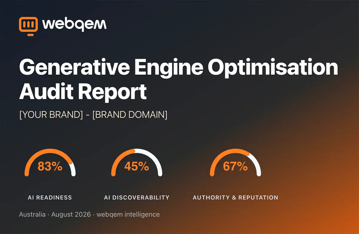 Cover of a demo webqem Generative Engine Optimisation audit report showing scores of three pillars: 83%, 45%, and 67%