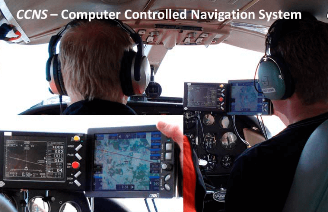 Cockpit view of a co-pilot and pilot using the IGI CCNS5 Flight Management System