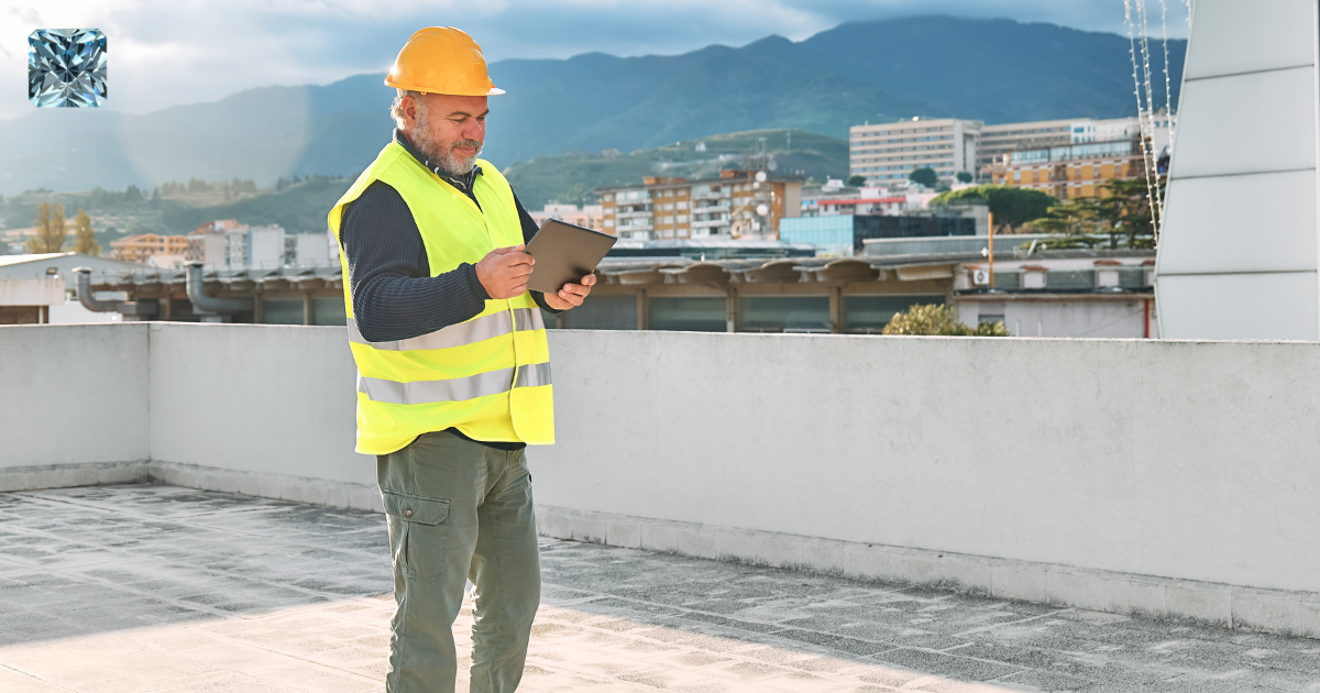Roof inspector in a hard hat and safety vest using a tablet on a commercial rooftop