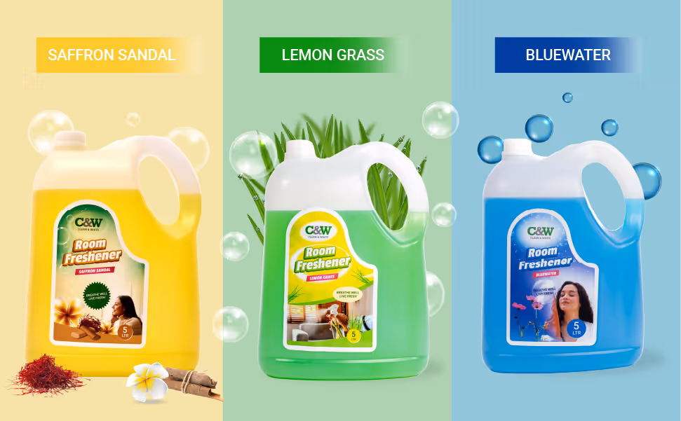 Three 5-liter C&W room freshener containers in yellow (saffron sandal), green (lemon grass), and blue (bluewater) with respective scent labels and decorative elements.