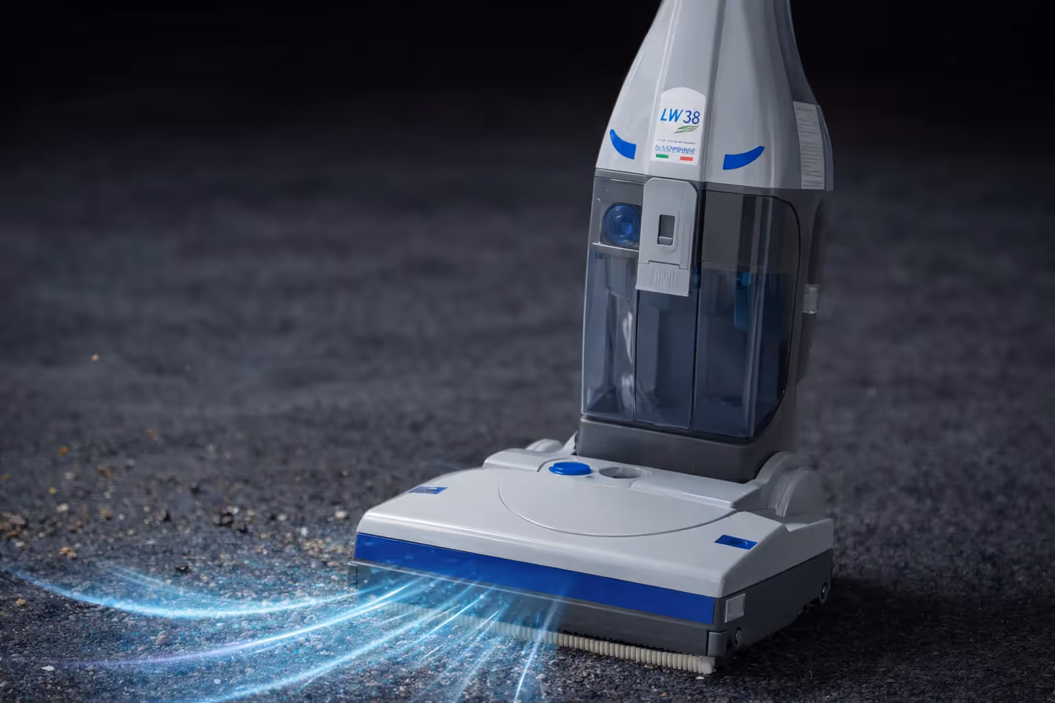Close-up of a gray and blue vacuum cleaner on a carpet with visual effect of air flow at the base.