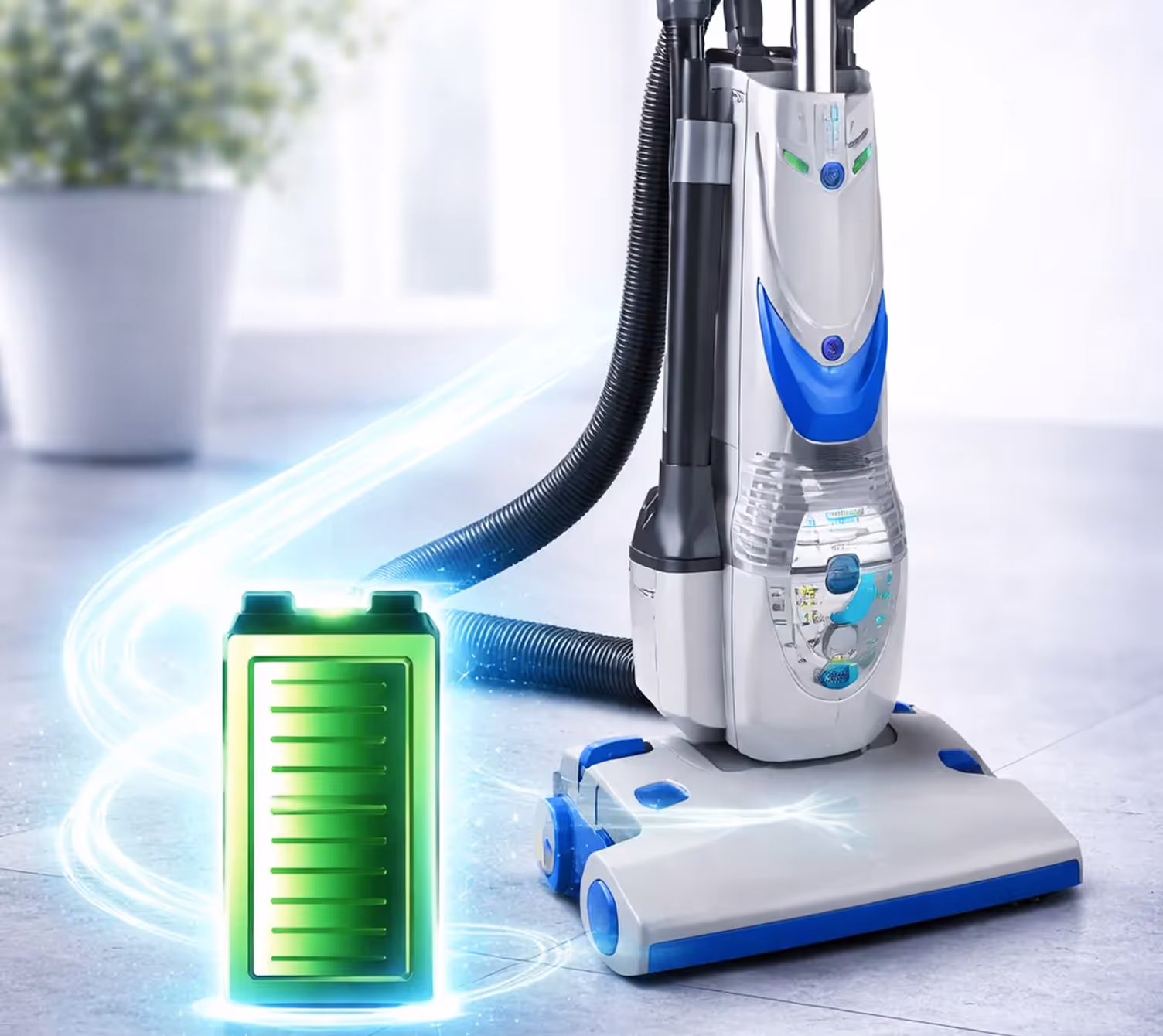 Modern vacuum cleaner next to a glowing green full battery icon symbolizing long-lasting power.
