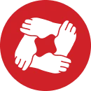 Red circle enclosing four black hands with shaking motion lines arranged in a square pattern.