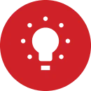 Red circular arrow surrounding a black light bulb icon with small red triangles around it.