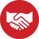 White handshake icon inside a red circle background.