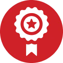 Red circle containing a ribbon award icon with a star in the center.