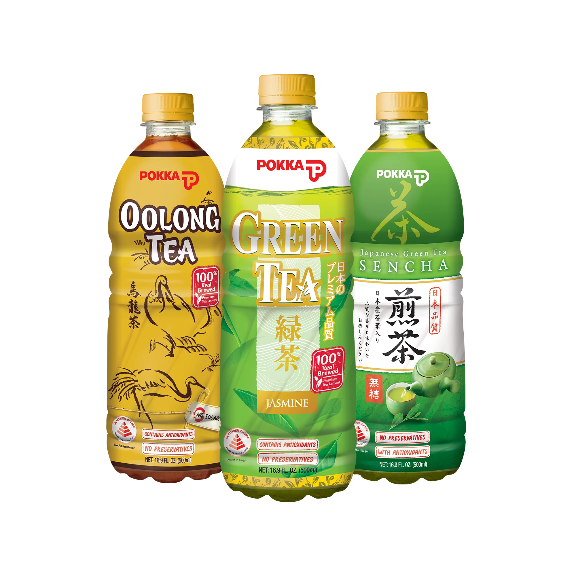 Three Pokka tea bottles featuring Oolong Tea, Jasmine Green Tea, and Japanese Green Tea Sencha.