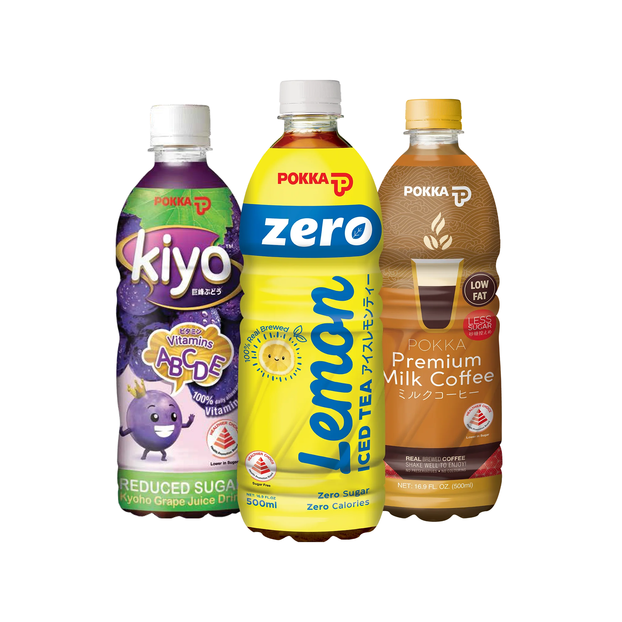 Three Pokka beverage bottles: Kiyo Kyoho Grape Juice Drink, Pokka Zero Lemon Iced Tea, and Pokka Premium Milk Coffee.
