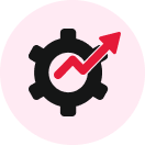 Black gear icon with a red upward trending arrow inside on a light pink circular background.