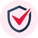 Blue shield outline with a red checkmark inside on a light pink circular background.