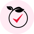 Black outline of a fruit with two leaves and a red checkmark inside on a light pink circular background.