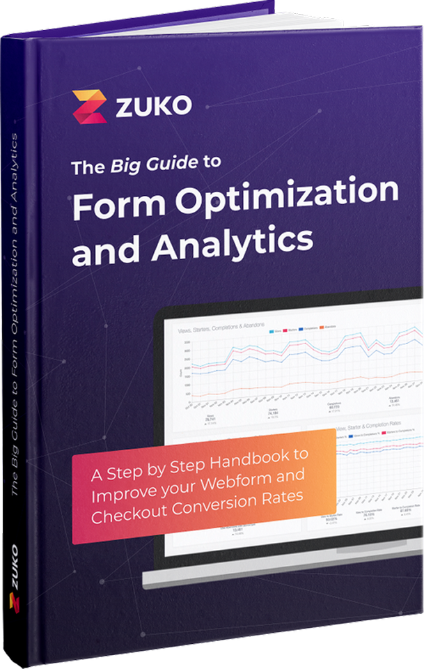 Purple book cover titled 'The Big Guide to Form Optimization and Analytics' by ZUKO with a step-by-step handbook for improving webform and checkout conversion rates, featuring a computer screen showing data charts.