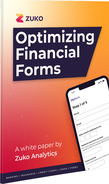 Cover of a white paper titled Optimizing Financial Forms by Zuko Analytics with an image of a mobile phone displaying a bank form step.