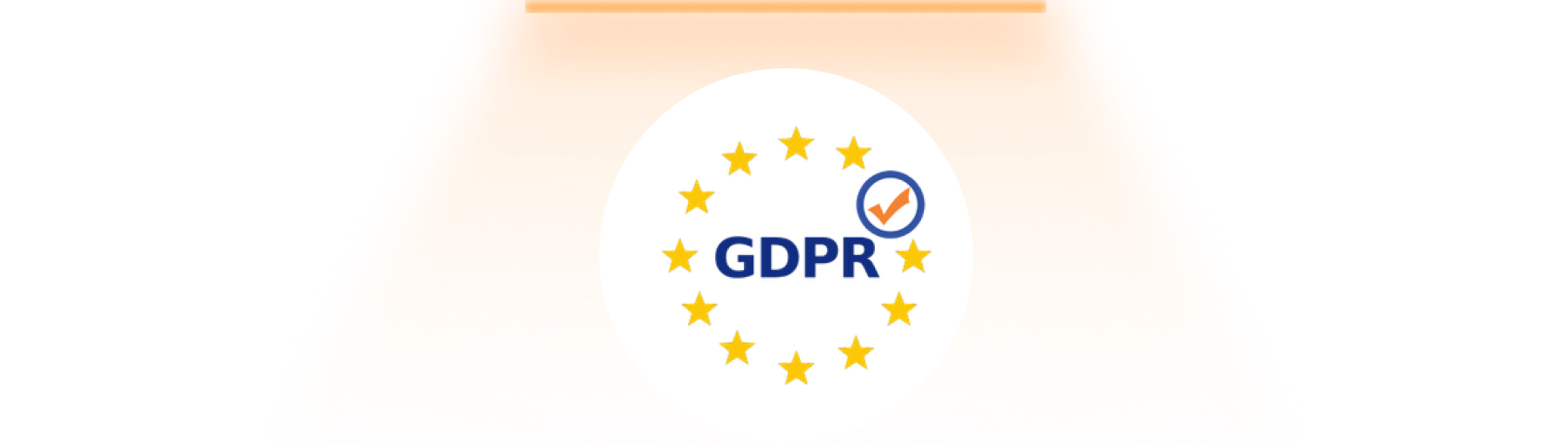 GDPR text surrounded by twelve yellow stars in a circle with an orange checkmark inside a blue circle on a white background with an orange gradient.